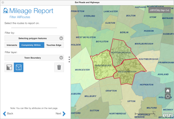 Selecting routes that intersect multiple town boundaries